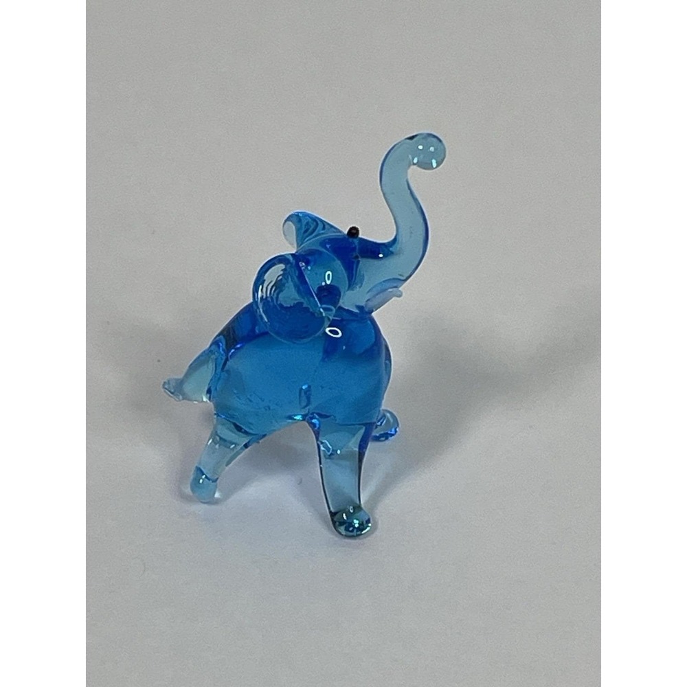 Blue Glass Elephant Figurine Trunk Up Collectible Animal Figure Decor